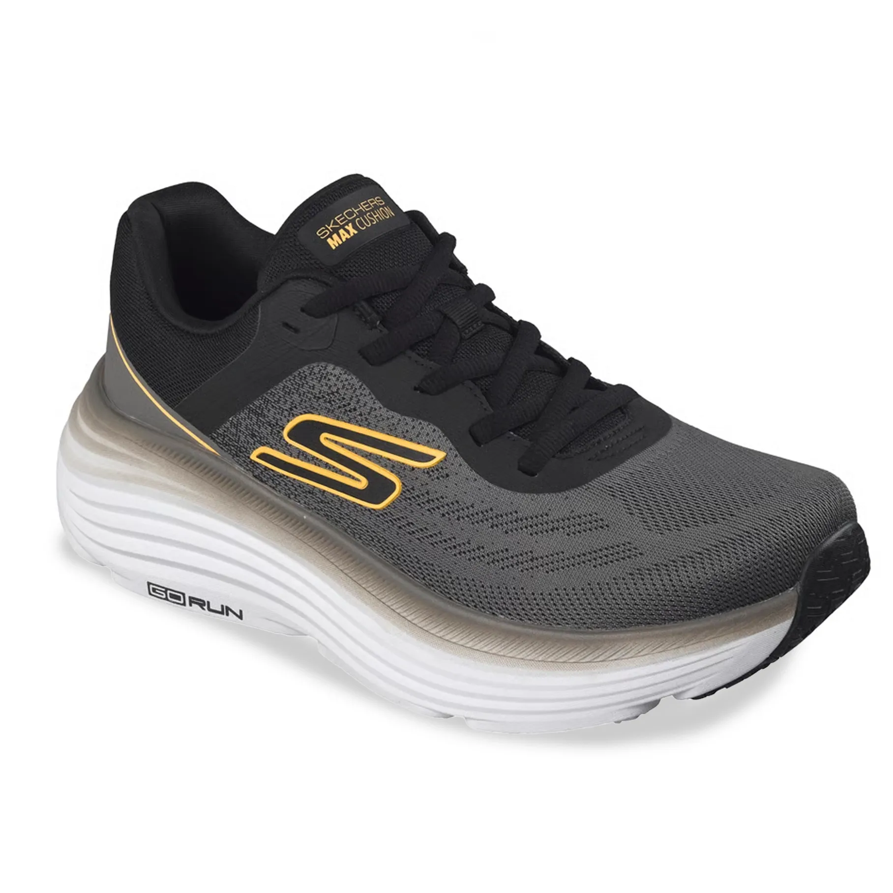 Tênis Skechers Max Cushioning Endeavour em detalhe mostrando o cabedal em mesh e sola branca